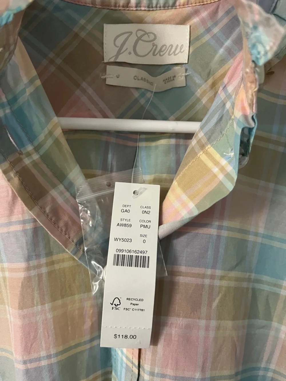 J Crew Women's Pastel Plaid Ruffle Neck Silk Blend Button Down Top Size S NWT - Picture 4 of 12